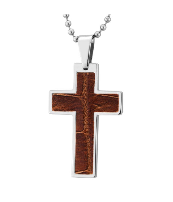 STAINLESS STEEL & LEATHER INLAY CROSS